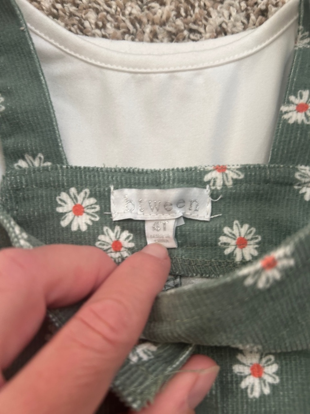 Btween Forest Green Daisy Corduroy Pinafore Dress with White Top - Picture 2 of 5